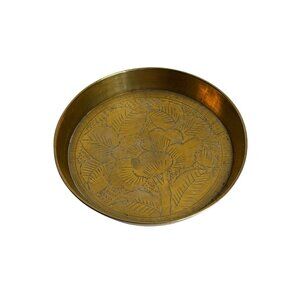 VTG Solid Brass Floral Round Ashtray Dish 4″ Decorative Tray Rustic Patina Finis